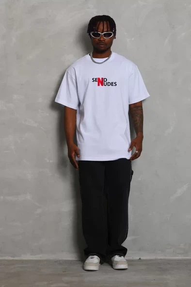 Unisex Bisiklet Yaka Double Oversize Baskılı T-Shirt - Beyaz - Resim 2