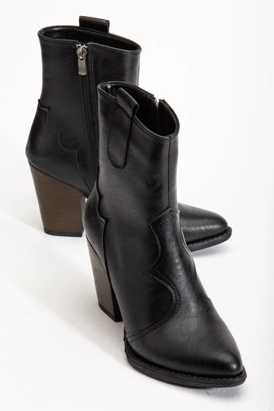 117 Siyah Kovboy Dikiş Detaylı Fermuarlı  Yüksek Topuklu Günlük Kadın Bot - Resim 4
