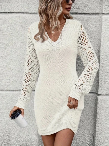 MDB Kadın Uzun Kollu V Yakalı Mini Triko Elbise - Resim 2