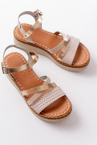 730-015 Bej Garni Ortopedik Hakiki Deri Dolgu Kadın Sandalet - kopya - Resim 5