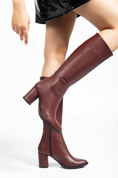 YSN-4422 Bordo Cilt Topuklu Kadın Çizme - Resim 3
