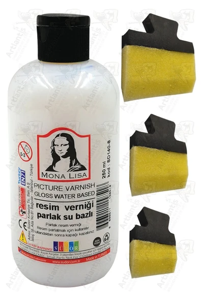 Resim Verniği 250 ml Su Bazlı 1 Adet ve Yassı Patpat Sünger Fırça Seti 3 lü 1 Paket Resim Parlatıcı Vernik Hobi Sanat