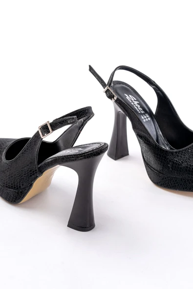 Siyah Günlük Arkası Açık Yılan Desenli Topuklu Bayan Ayakkabı - Resim 5