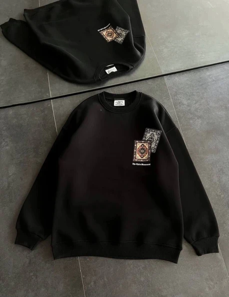 Bisiklet Yaka Baskılı SweatShirt - Siyah ürün görseli 1