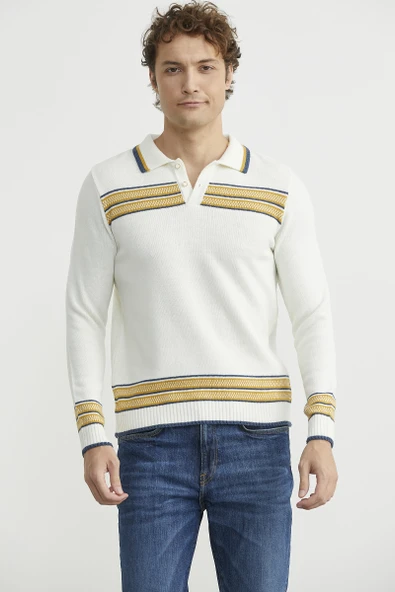 Polo Yaka Kilim Motifli Triko Kazak - Kemik - Resim 3