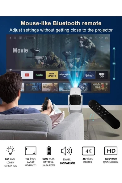 Glr K2 Pan-Tilt Lambalı Projektör 4K Destekli, Bluetooth 5.2 Android 11.0 Otomatik Odaklamalı Akıllı Projektör - 7