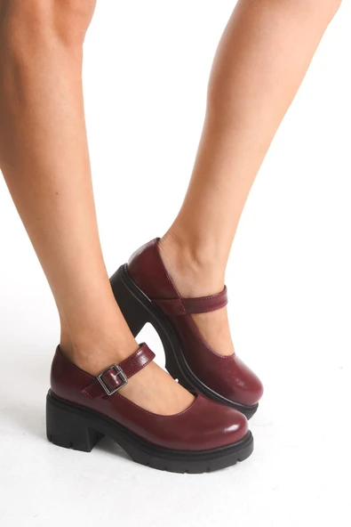 K-708 Bordo Kırışık Rugan Tokalı Yüksek Tabanlı Loafer Ayakkabı - 3