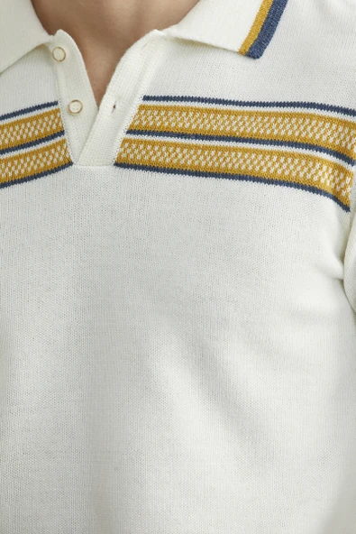 Polo Yaka Kilim Motifli Triko Kazak - Kemik - Resim 4