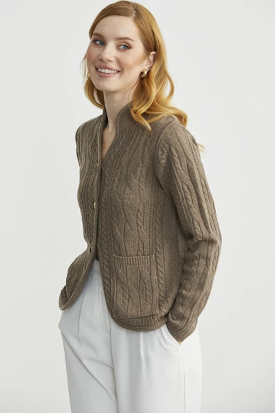 Hakim Yaka Cepli Yün Triko Ceket - Sütlü Kahve - Resim 3