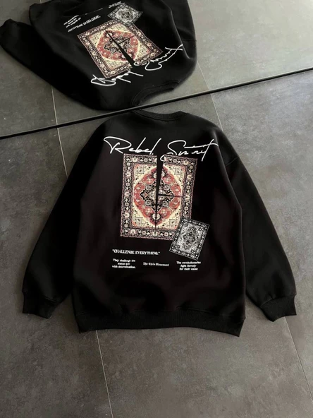 Bisiklet Yaka Baskılı SweatShirt - Siyah - Resim 2