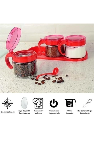 NACTUMU Kırmızı 3'lü Kapaklı Kaşıklı Cam Baharatlık Takımı, Hava Sızdırmaz Standlı - Resim 4