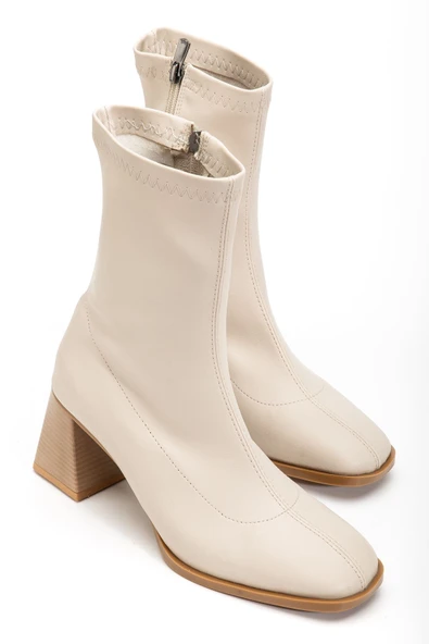 Bej Topuklu Fermuarlı Kadın Bot - Resim 8