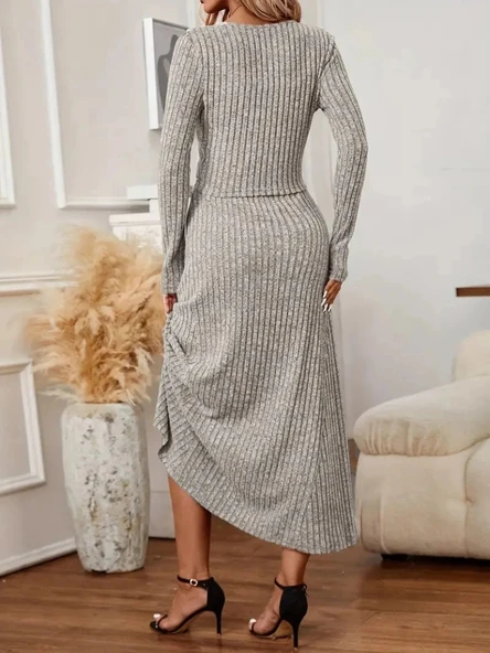 MDB Kadın Uzun Kollu önden Düğmeli Bluz Ve Yüksek Bel A Kesim Uzun Etek şardonlu Kaşkorse Ikili Takım - Resim 3