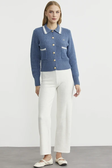 Polo Yaka Düğmeli Triko Hırka - Indigo - Resim 3