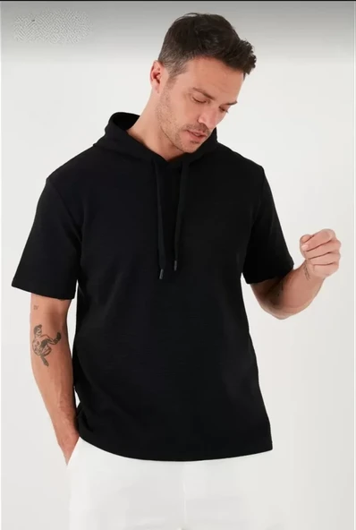 Unisex Kapşonlu Kısa Kol Düz Oversize T-shirt - Siyah - Resim 2