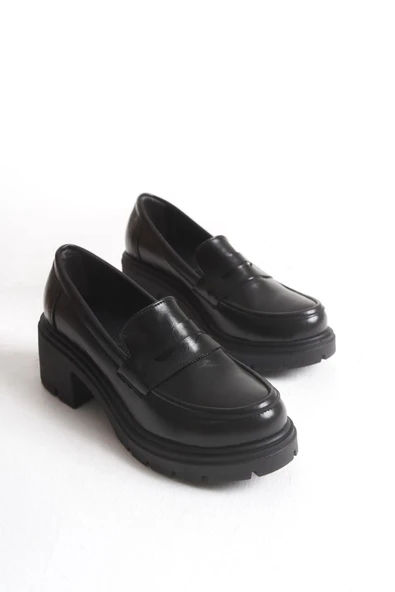 K-706 Siyah Kırışık Rugan Yüksek Tabanlı Loafer Ayakkabı - 5