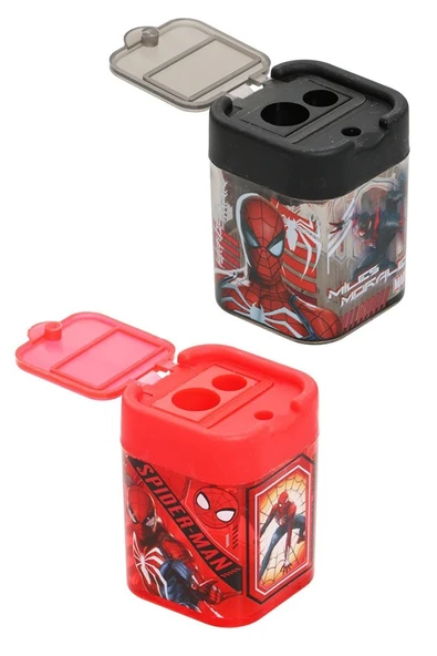 2 li Kalemtraş 2 Adet Örümcek Adam Kırmızı ve Siyah Geniş Hazneli Çift Bıçaklı Kalem Traş No2 Figürlü Jumbo Kalemtıraş - 2