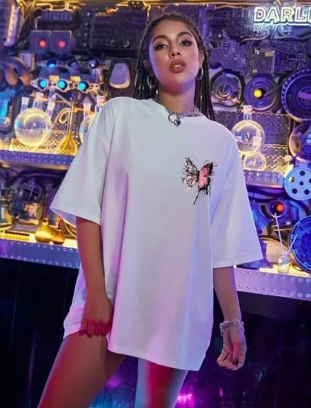Unisex Baskılı Oversize T-Shirt - Beyaz - Resim 4