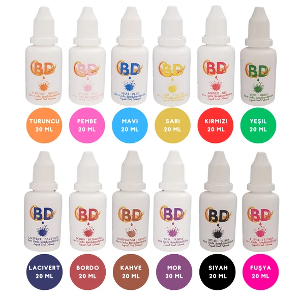 BD 12'li Sıvı Gıda Boyası Seti – 20 ml (Turuncu, Pembe, Mavi, Sarı, Yeşil, Kırmızı, Lacivert, Bordo, Kahve, Mor, Siyah, Fuşya)