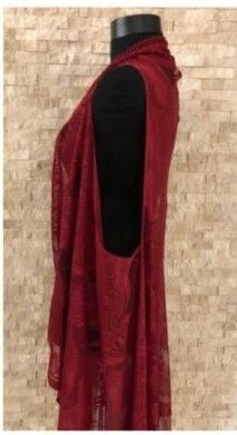 Pareo Dantel Yelek Mayo Bikini Üzeri Yaprak Desenli Püsküllü Plaj Elbisesi - Bordo - Resim 3