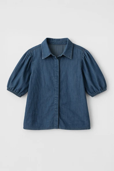 Kadın Balon Kollu %100 Pamuk Mavi Jean Gömlek - 2