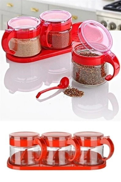 NACTUMU Kırmızı 3'lü Kapaklı Kaşıklı Cam Baharatlık Takımı, Hava Sızdırmaz Standlı ürün görseli