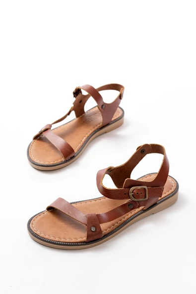 205-090 Koyu Kahve  Hakiki Deri Tokalı Kadın Sandalet - Resim 3