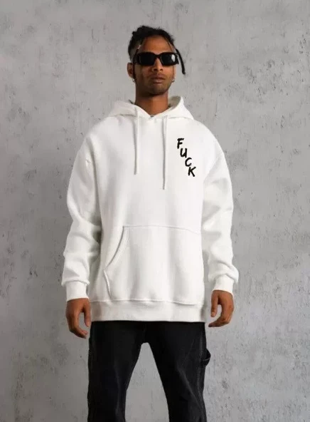 Unisex Kapşonlu Uzun Kol Baskılı Sweetshirt - Beyaz ürün görseli