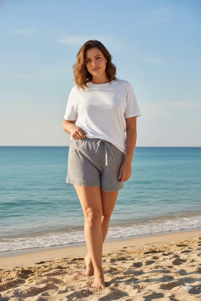 Düz Renk Mini Çiçek Desenli Penye Kadın Ev Şortu Bacak Dantel Detaylı Ev Giyim Gri - 4