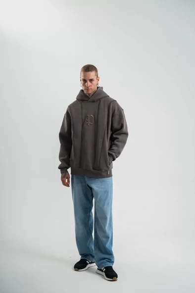 Unisex Uzun Kol Kapşonlu Yıkamalı Nakışlı SweatShirt - Füme ürün görseli