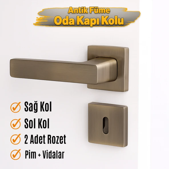 Oda Tipi Kapı Kolu Rozetli Antik Füme Sağ Sol Uygun Modern İç Kapı Kilitli 1 Takım - Resim 3
