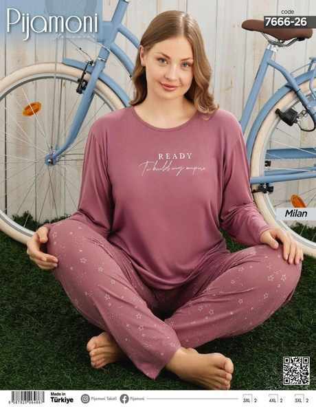 Pijamoni Kadın Milan Büyük Beden Bisiklet Yaka Uzun Kol İnce Pijama Takımı 7666/26 - 1 Adet  4XL Gül Kurusu - Resim 2