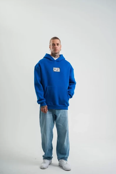 Unisex Kapşonlu Uzun Kol Patchli Nakışlı SweatShirt - Mavi - Resim 3