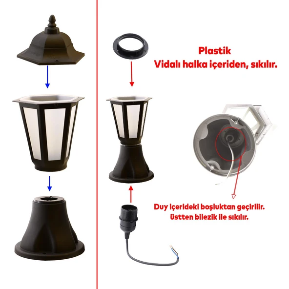 Sokak Bahçe Aplik Lamba Setüstü Aydınlatma Lale Bahçe Duvar Üstü Armatürü E27 Duy Siyah Plastik - Resim 2