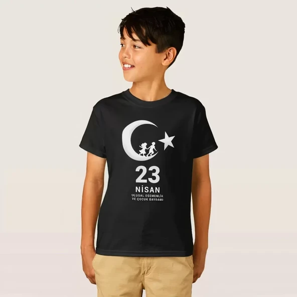 23 Nisan Çocuk Bayramı Baskılı Özel T-shirt - Siyah - Resim 3