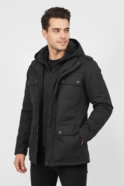 Erkek Spor Kanvas Kapüşonlu Parka 85133 BGL-ST04882 - Resim 3