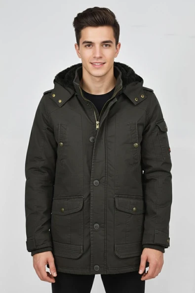 Erkek Spor Kanvas Kapüşonlu Parka M2585 BGL-ST04915 - Resim 2