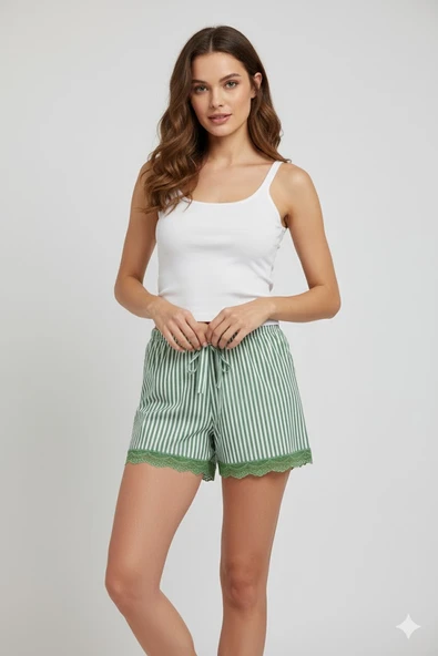 Çizgili Penye Kadın Ev Şortu Bacak Dantel Detaylı Ev Giyim Yeşil - 2