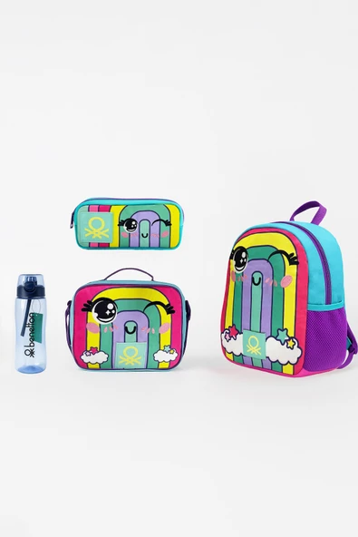 United Colors of Benetton Gökkuşağı Anaokulu Çanta Seti( Çanta+ Beslenme+ Kalemlik+ Mavi Matara )