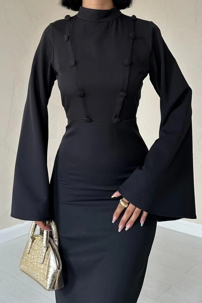 Siyah Tek Kollu Elbise - Resim 3