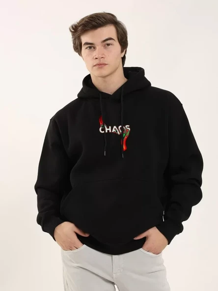 Unisex Baskılı Oversize Üç İplik Kapüşonlu Sweatshirt - Siyah ürün görseli