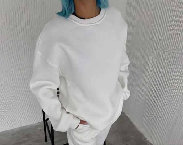 Kışlık Bisiklet Yaka Üç İplik Basic SweatShirt - Beyaz - Resim 2