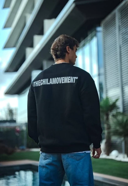 Kışlık Bisiklet Yaka Oversize Baskılı SweatShirt - Siyah - Resim 2