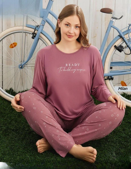 Pijamoni Kadın Milan Büyük Beden Bisiklet Yaka Uzun Kol İnce Pijama Takımı 7666/26 - 1 Adet  4XL Gül Kurusu ürün görseli