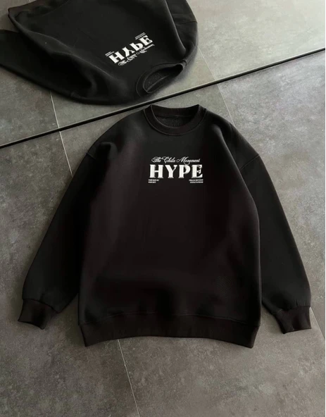 Üç İplik Bisiklet Yaka Baskılı SweatShirt - Siyah ürün görseli