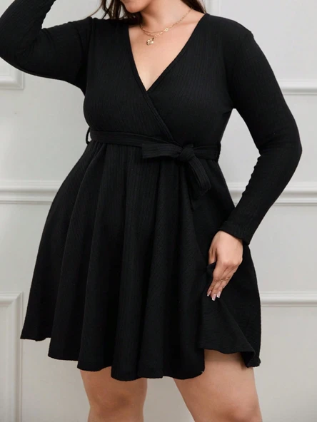 Kadın Uzun Kollu Kruvaze Yaka Kuşak Detay Salaş şardonlu Kaşkorse Mini Elbise ürün görseli 1