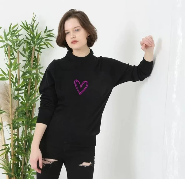 Baskılı Uzun Kol Bisiklet Yaka Dokuma Triko - Siyah ürün görseli