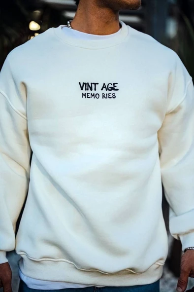 Oversize Bisiklet Yaka Üç İplik Baskılı SweatShirt - Beyaz ürün görseli