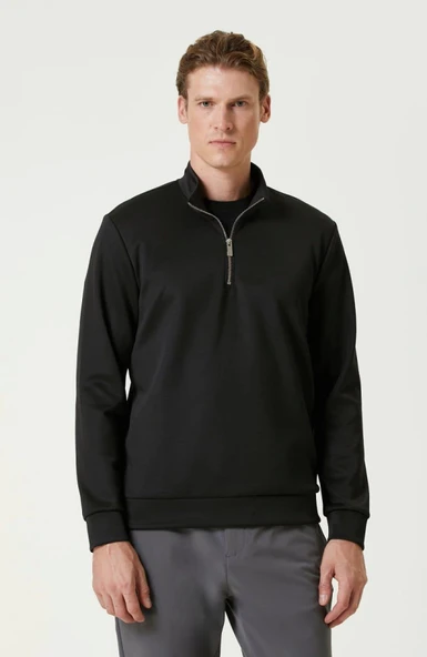 Unisex Uzun Kol Yarım Farmuarlı Yakalı Basic SweatShirt - Siyah ürün görseli