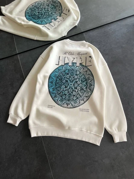Üç İplik Bisiklet Yaka Baskılı SweatShirt - Beyaz - Resim 4